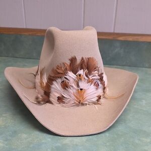 Tan Feather-Embellished Cowboy Hat